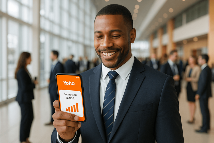 A business traveler at a US conference confidently using their phone, connected with a Yoho Mobile eSIM.
