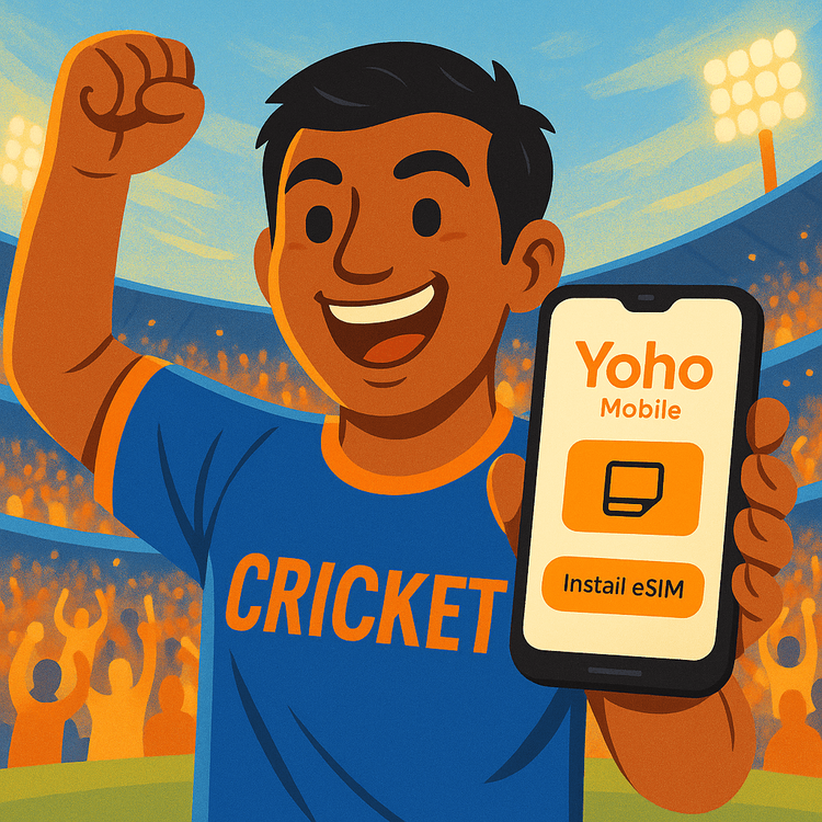 Cricket fan easily installing a Yoho Mobile eSIM on their smartphone at a stadium.