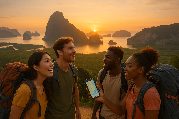Young backpackers on a gap year trip using a phone with an eSIM for navigation.