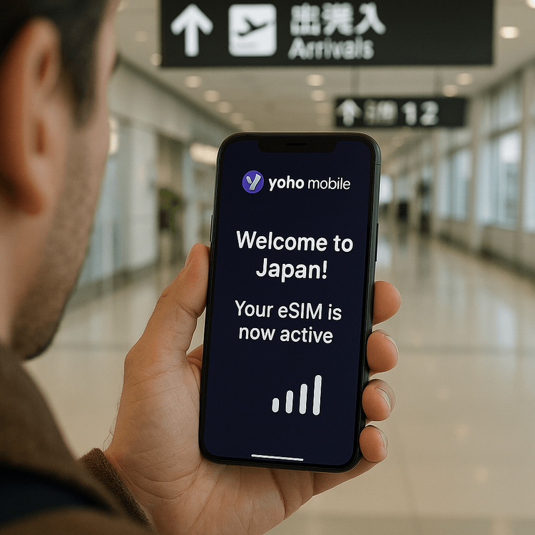 Traveler holding a smartphone with the Yoho Mobile app showing a successfully activated Japan eSIM upon arrival at the airport.