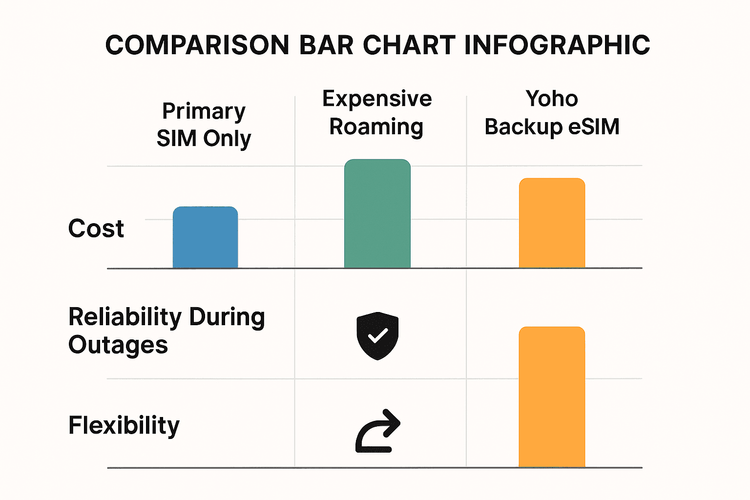 Comparison chart showing the benefits of a Yoho Backup eSIM over a single SIM or expensive roaming in terms of cost, reliability, and flexibility.