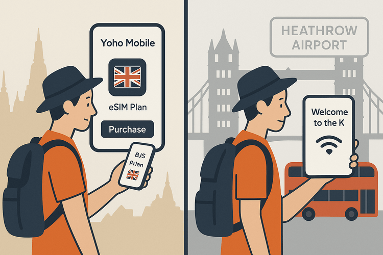 Illustration showing how to easily activate a Yoho Mobile eSIM before arriving in the UK for instant connectivity.
