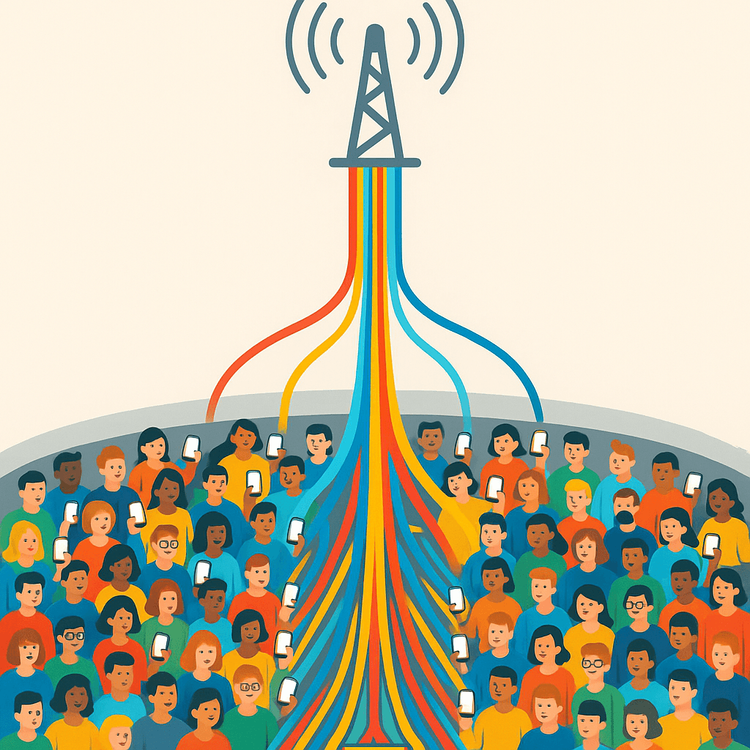 Infographic explaining how network congestion occurs when too many phones try to connect to one cell tower at a crowded event.