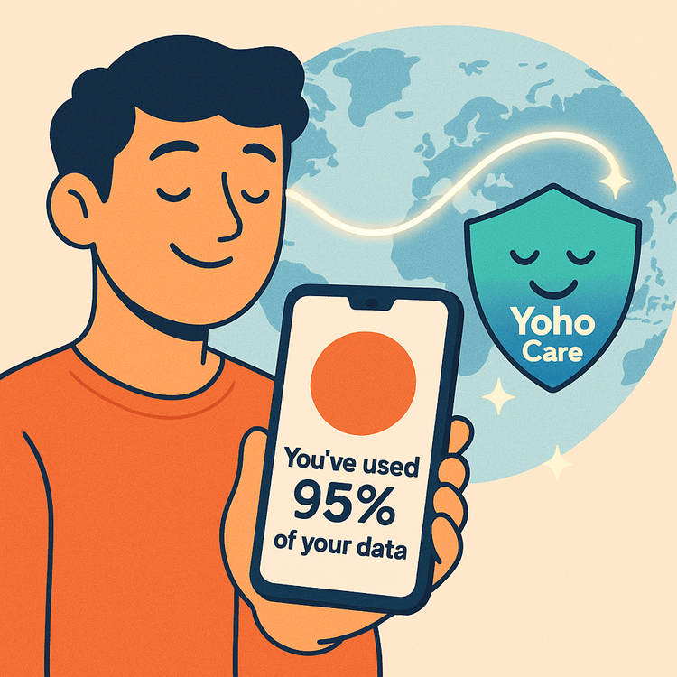An illustration of Yoho Care protecting a traveler's data connection even when their primary data allowance is low.