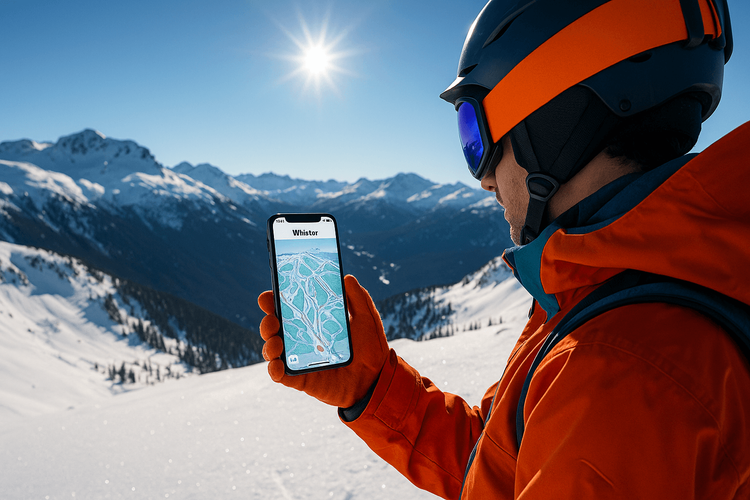 A skier at the top of Whistler mountain checking a trail map on their smartphone, connected with a Yoho Mobile eSIM.
