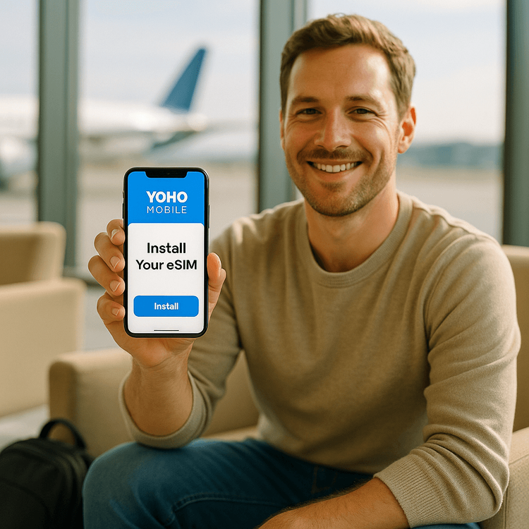 A traveler easily installing a Yoho Mobile eSIM on their smartphone before an international flight.
