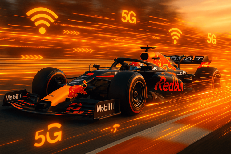 A Red Bull Formula 1 car on a racetrack surrounded by digital data streams, representing Yoho Mobile's high-speed global event eSIM.