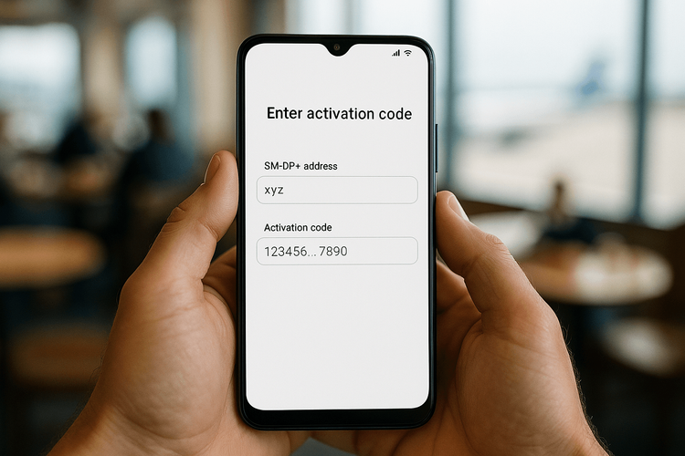 A person manually entering eSIM activation details (SM-DP+ address and activation code) on an Android phone screen.