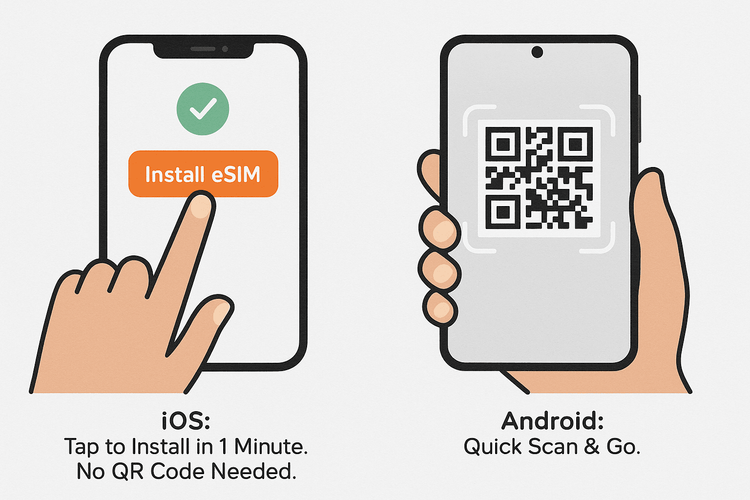 Diagram showing the simple tap-to-install eSIM process for iOS versus the QR code scan for Android devices.