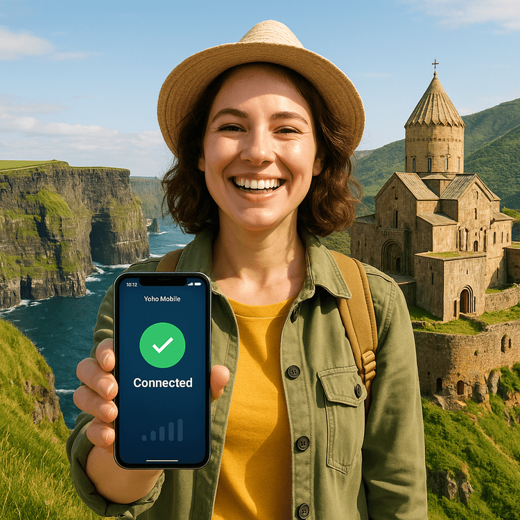 A happy traveler seamlessly connected with Yoho Mobile eSIM on her phone, with landmarks of Ireland and Armenia in the background.