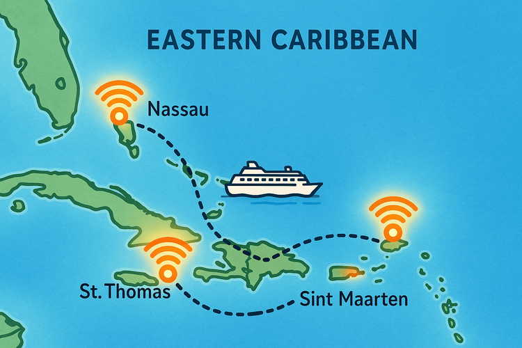 Map illustrating how a Yoho Mobile eSIM provides continuous connectivity across various Caribbean cruise ports.