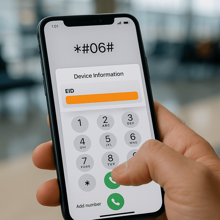 A user dialing *#06# on a smartphone to check for an EID number and confirm eSIM compatibility.