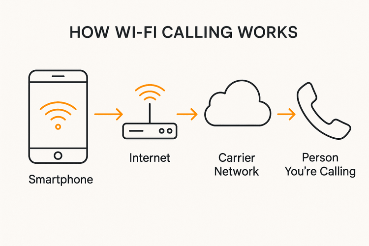 Diagram explaining how Wi-Fi Calling routes calls over the internet instead of a cellular network.