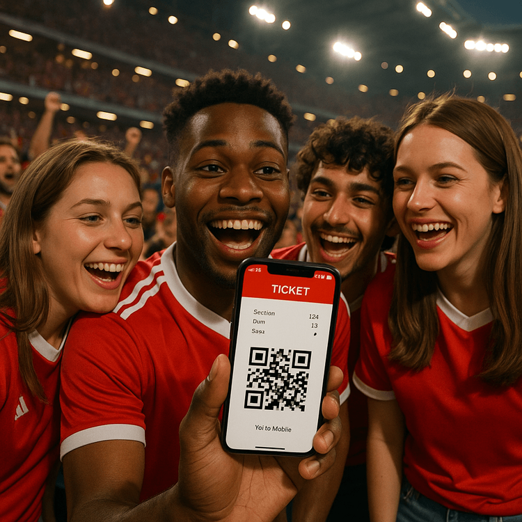 Fans using a Yoho Mobile eSIM on their phone to access digital tickets at a Bundesliga match in Germany.