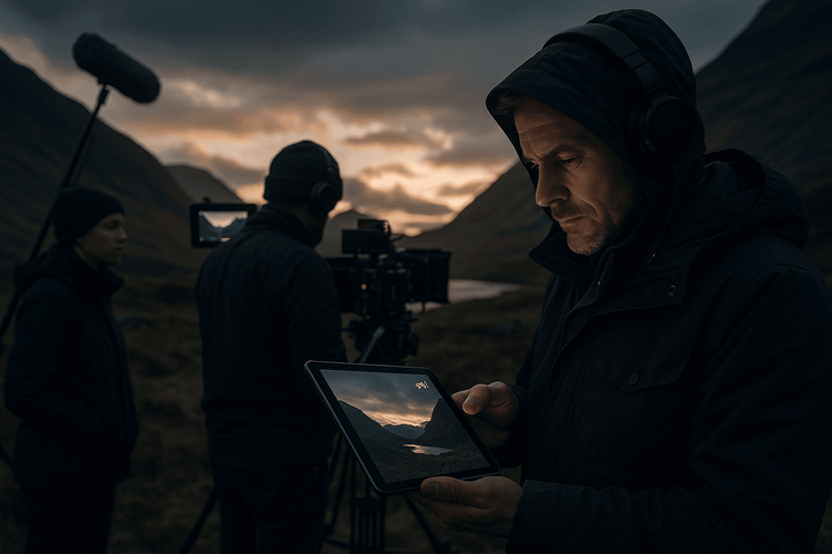 Film crew using a tablet with strong 5G signal from a Yoho Mobile eSIM in a remote location.