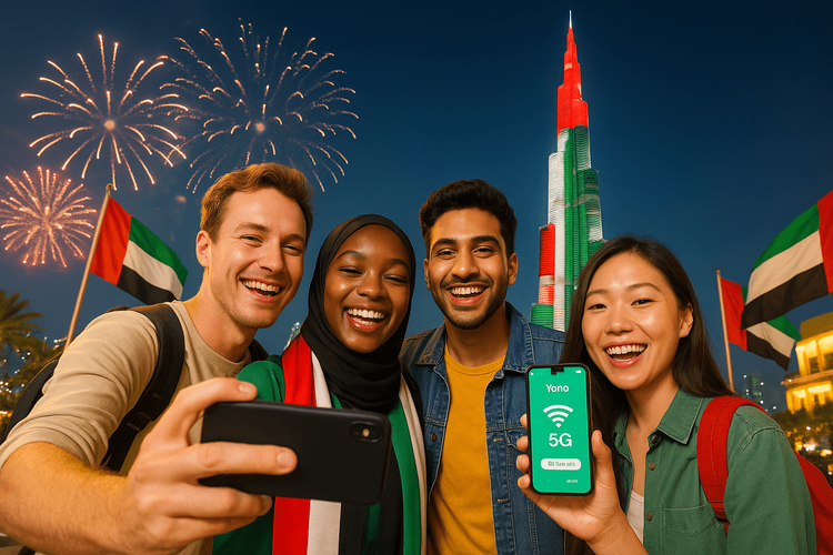 Travelers celebrating UAE National Day in Dubai with seamless connectivity from their Yoho Mobile eSIM.