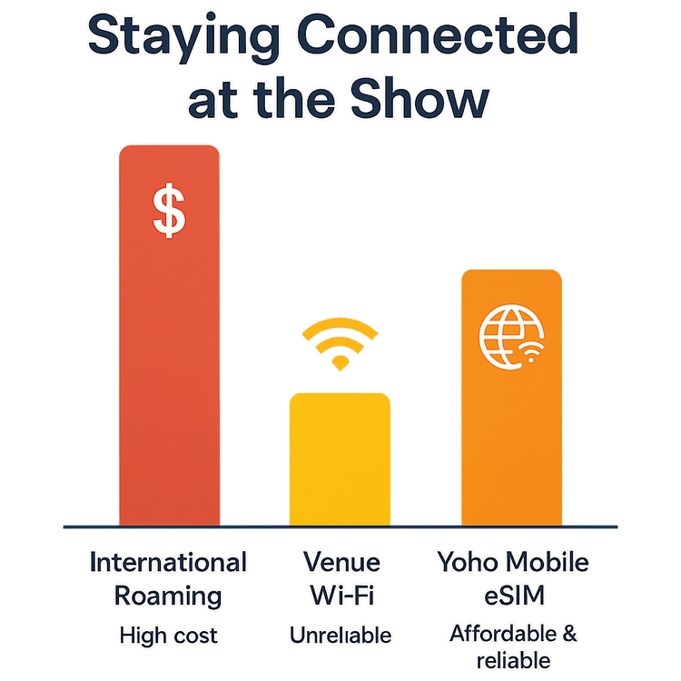 Infographic comparing the cost and reliability of international roaming, venue Wi-Fi, and a Yoho Mobile eSIM for concerts.