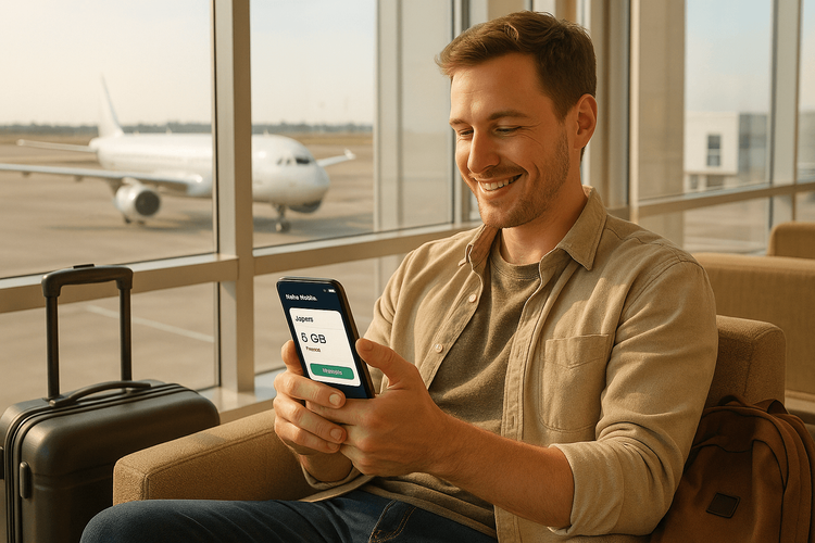 A happy traveler using a Yoho Mobile eSIM on their smartphone at the airport before their flight.