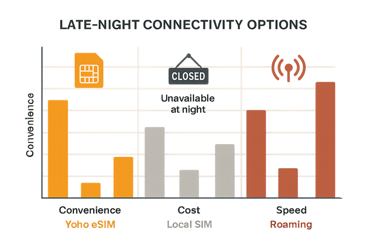 A comparison chart showing that Yoho eSIM is more convenient and cost-effective for late-night airport arrivals compared to unavailable local SIM shops and expensive roaming.