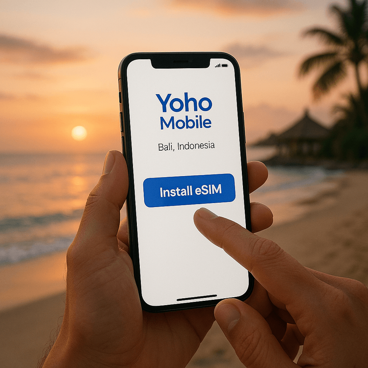 A user installing their Yoho Mobile eSIM for Bali on an iPhone with a single tap, showcasing the easy setup process.