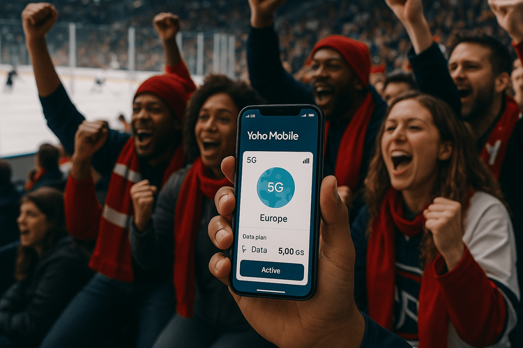 A fan at the Ice Hockey World Cup using a Yoho Mobile eSIM to stay connected with a strong 5G signal.