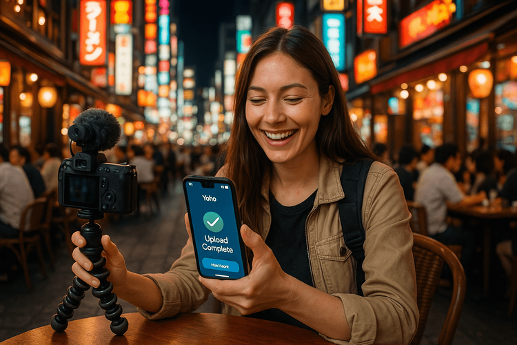 Travel content creator successfully uploading a video using a Yoho Mobile eSIM in a Tokyo cafe.