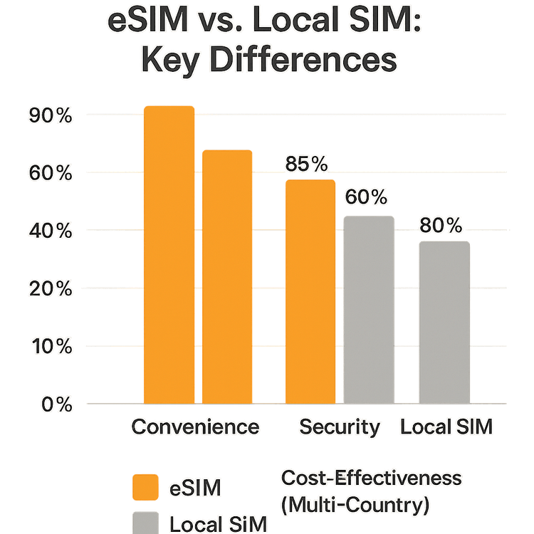 A bar chart comparing eSIM and Local SIM on convenience, security, and multi-country cost-effectiveness, showing eSIM as the superior option in all three categories.