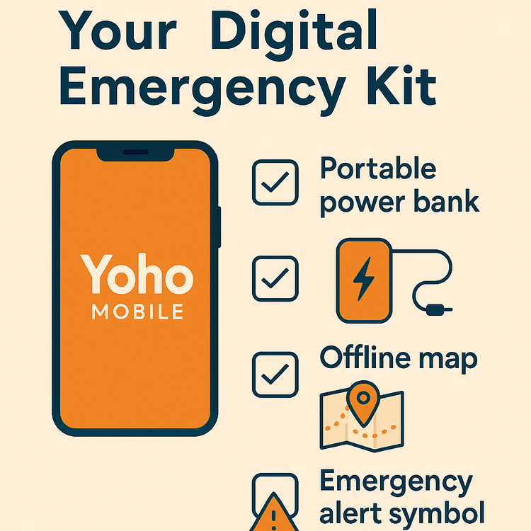 An infographic showing a digital emergency toolkit for travelers, including a smartphone with an eSIM, a power bank, and offline maps.