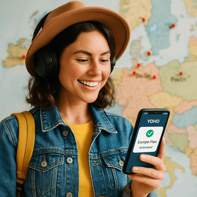 A happy Beyoncé fan checks her activated Yoho Mobile Europe eSIM plan on her phone before the concert tour.