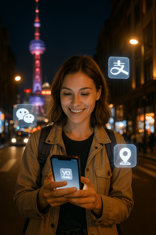 A traveler confidently using her Yoho Mobile eSIM in Shanghai to navigate the city with essential apps.