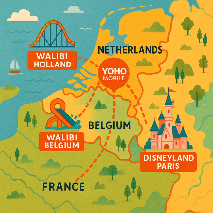 Map showing seamless connectivity with Yoho Mobile eSIM between theme parks in the Netherlands, Belgium, and France.