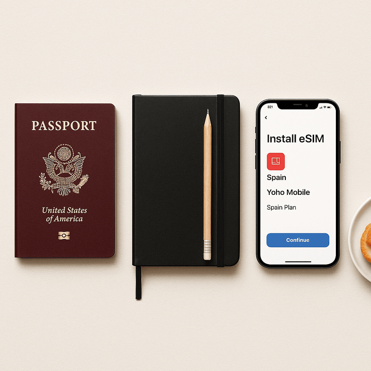 Travel essentials for Bilbao including a smartphone with a Yoho Mobile eSIM for Spain.