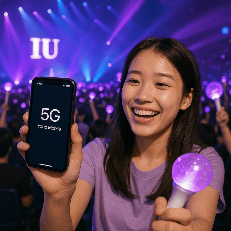 A happy fan using Yoho Mobile eSIM to stay connected at an IU concert.