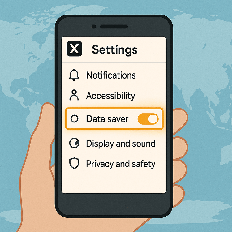 Illustration of a smartphone screen showing how to enable the Data Saver mode in the X/Twitter app settings.