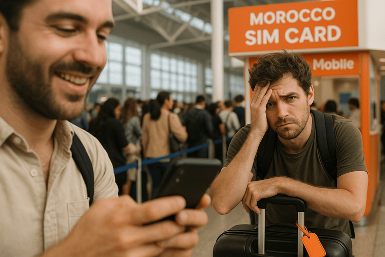 A frustrated traveler in a long queue for a local SIM card at a Moroccan airport.