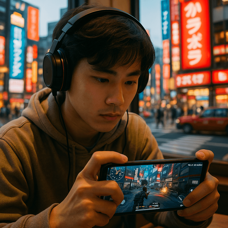 A gamer plays a mobile game with a low ping connection on their phone using a Yoho Mobile eSIM while traveling in an Asian city.