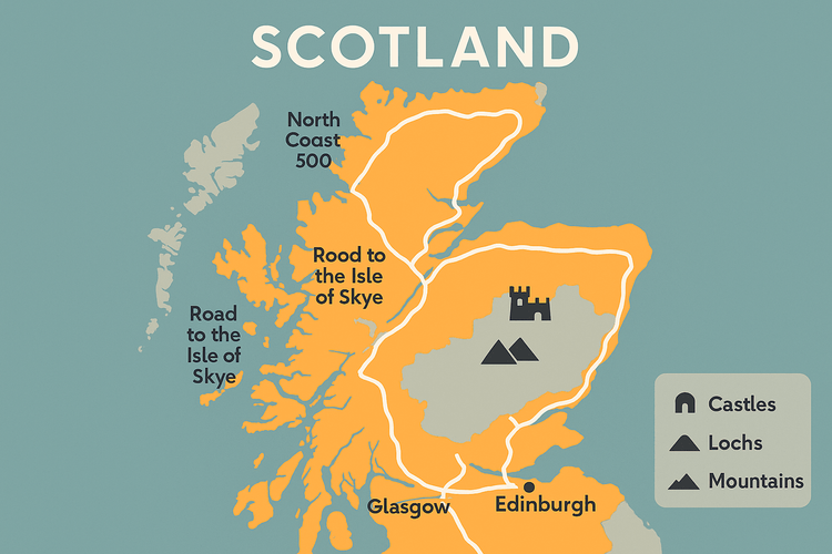 Infographic map of Scotland showing mobile network coverage on popular road trip routes.