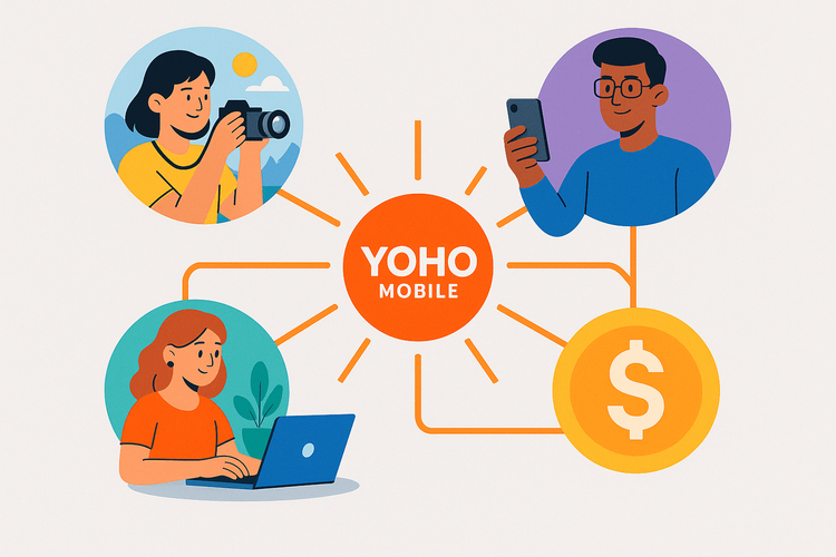 Illustration of the Yoho Mobile affiliate ecosystem showing creators earning commissions.