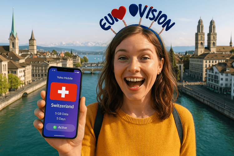 A happy Eurovision 2026 fan using her Yoho Mobile eSIM data plan in Switzerland.