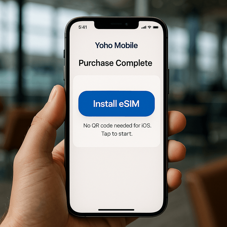 Demonstration of the simple one-tap eSIM installation process for iOS users on the Yoho Mobile app.