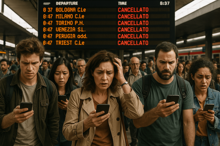 Frustrated travelers checking their phones in an Italian train station during a strike.