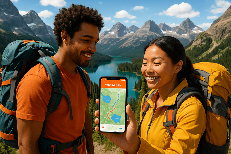 A couple using a Yoho Mobile eSIM on their smartphone while backpacking in the Canadian Rockies.