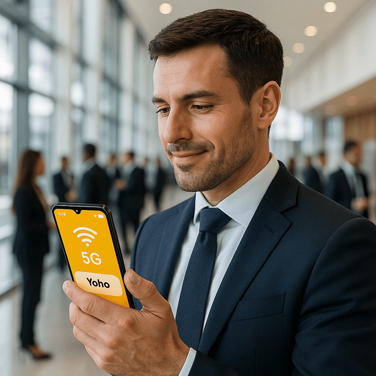 Business professional using a Yoho Mobile eSIM for seamless connectivity at a USA conference.