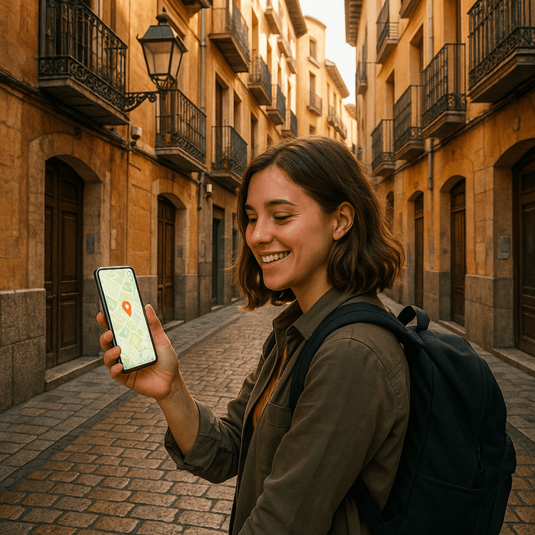 A traveler using her Yoho Mobile eSIM data to navigate the historic streets of Zaragoza, Spain.