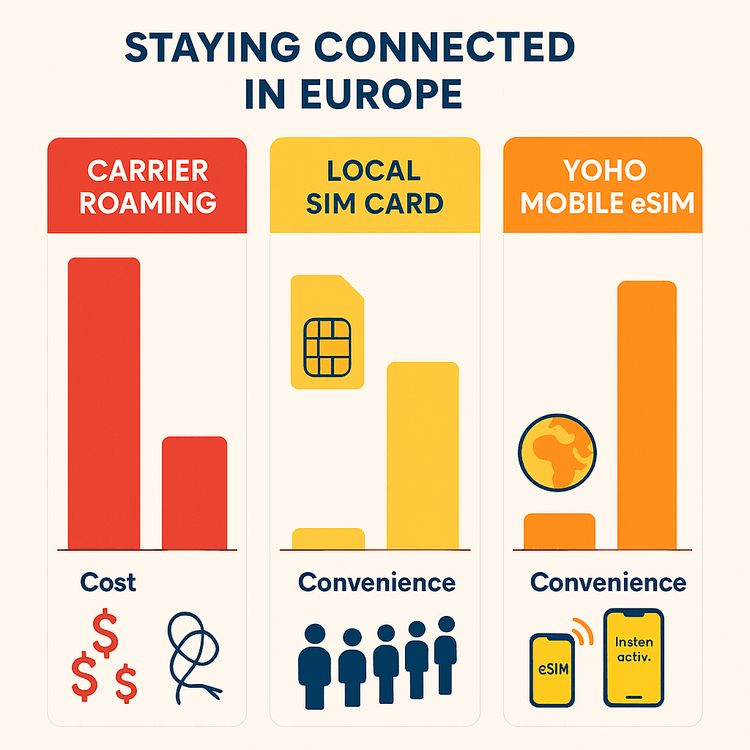 Infographic comparing the high cost of data roaming and inconvenience of local SIMs to the affordability and ease of Yoho Mobile eSIMs for Europe travel.