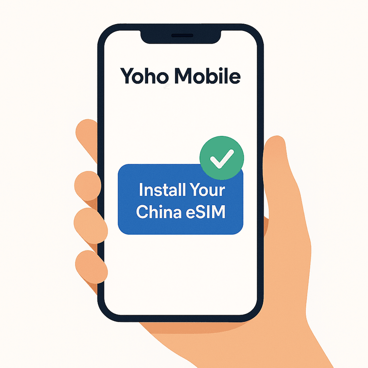 Illustration of the simple one-tap eSIM installation process for Yoho Mobile on an iPhone, highlighting the ease of setup for China travel.