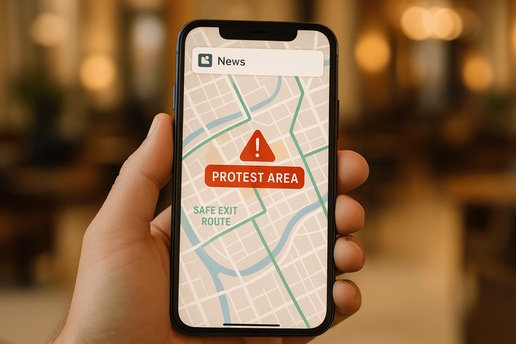 A person looking at a map on their smartphone, which clearly marks protest areas to avoid and safe exit routes, demonstrating how to stay informed.