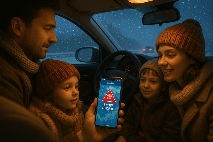 A family staying prepared for Thanksgiving travel in a snow storm by checking the weather forecast on their smartphone with a reliable data connection.