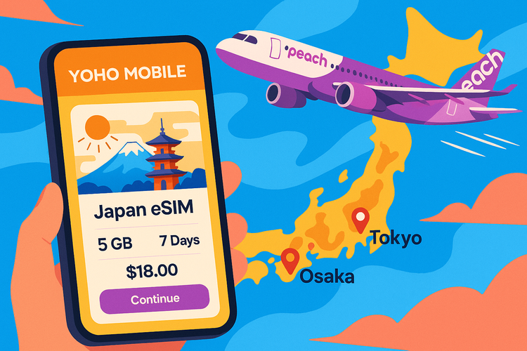 A Yoho Mobile eSIM for Japan displayed on a smartphone, with a Peach Aviation plane flying over a map of Japan.