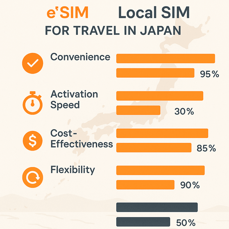 A comparison chart showing that eSIMs are more convenient, faster to activate, and more flexible than local SIM cards for travel in Japan.